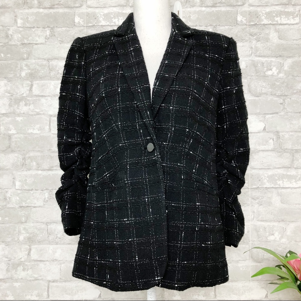 NWOT GENERATION LOVE Tweed Windowpane Ruched Sleeves Blazer in Black/White Small